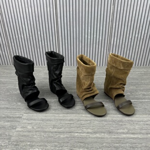 欧货欧洲站女鞋2026春季新款内增高套筒女靴真皮高筒露趾时尚凉靴