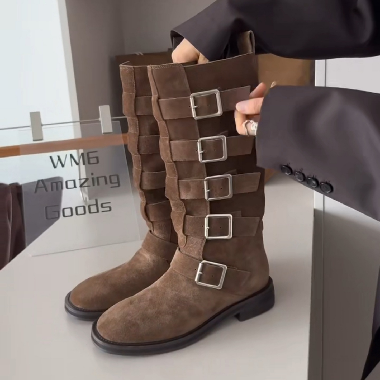 WM6皮带扣低跟套筒骑士靴女长靴