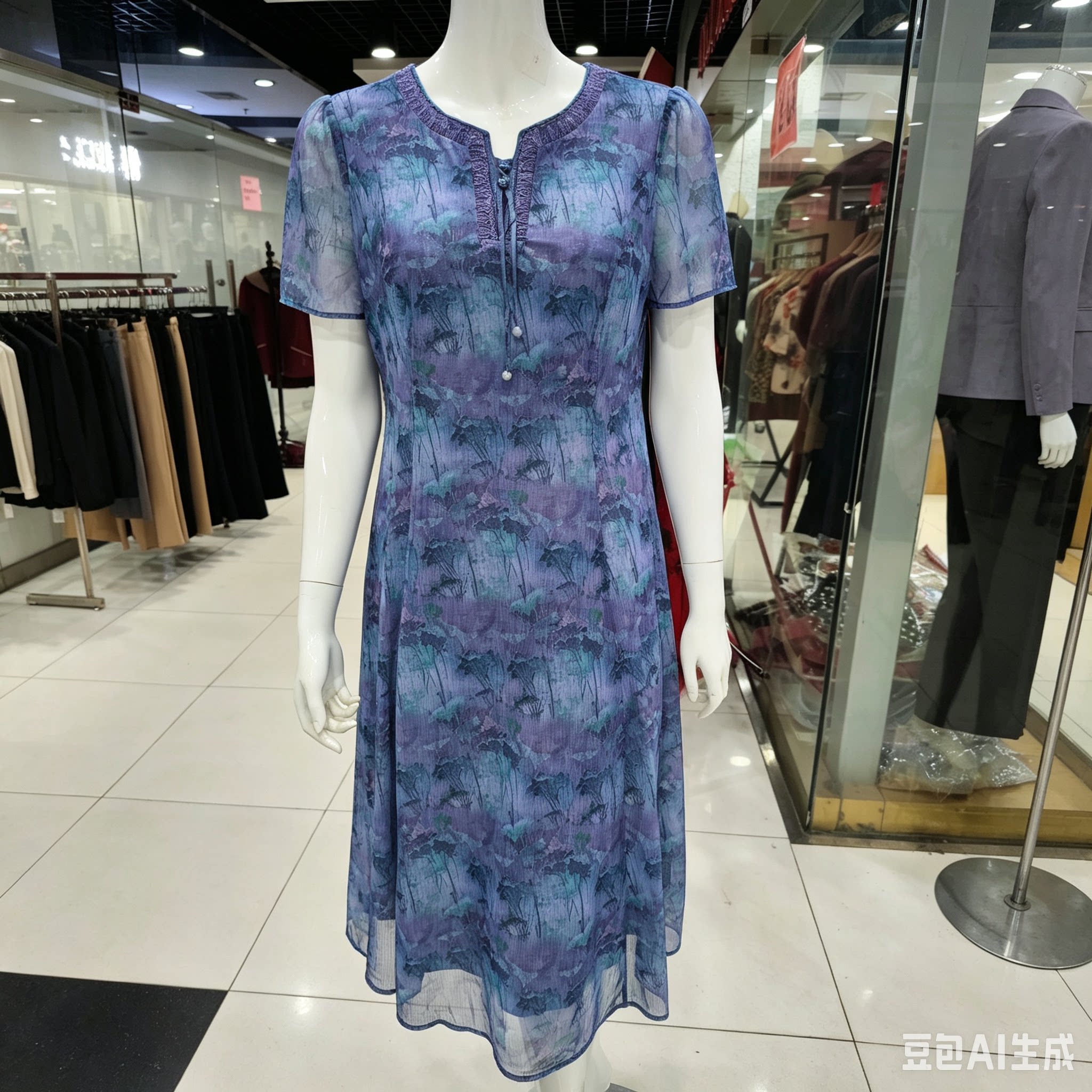 613台湾纱连衣裙洋气质妈妈装蕾丝系带显瘦纱裙圆领女夏短袖透气