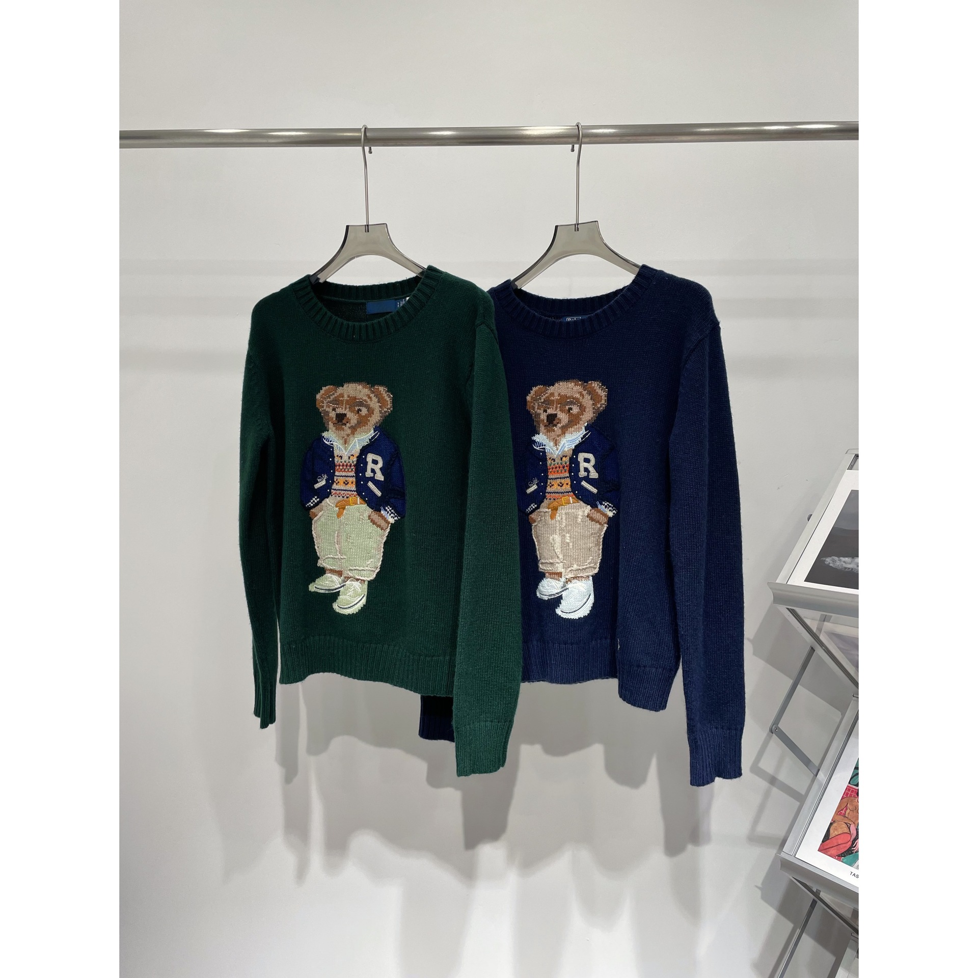 高品质南油  100%棉RL双色棒球服小熊圆领宽松百搭套头针织衫上衣