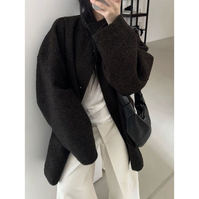 元派bluepops2025冬新款高级感简约毛呢外套宽松中长款大衣W2393