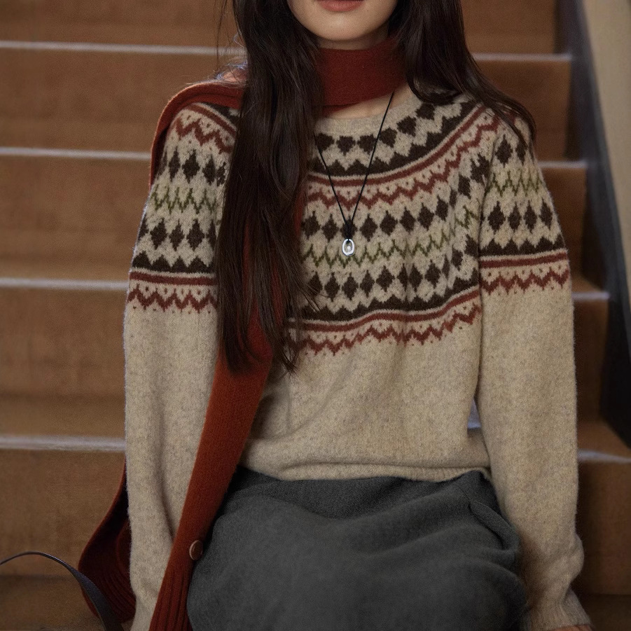 solighter法式复古羊毛费尔岛提花圆领毛衣女秋冬