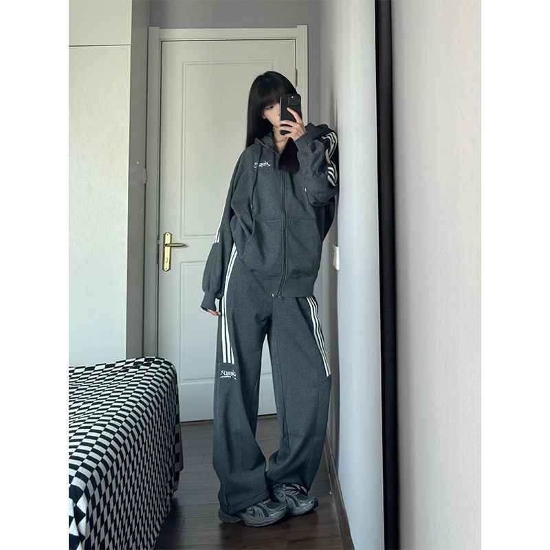 美式学院风休闲运动服套装女春秋学生宽松百搭开衫卫衣跑步