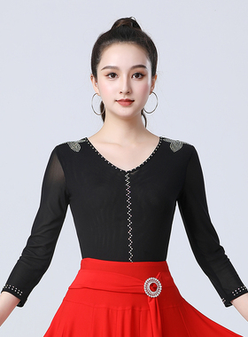 伦巴拉丁舞服成人连体上衣中袖V领网纱镶钻国标摩登舞蹈练功服装