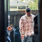 余文乐同款 23AW 拼接牛仔水洗破坏重磅粉色格子长袖 MADNESS 衬衫