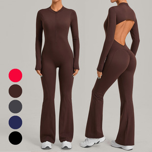 有胸垫裸感露背运动连体服一体式 瑜伽服女拉链速干健身连体微喇裤