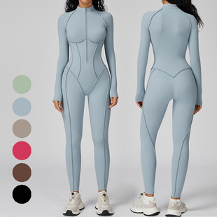 瑜伽服女拉链磨毛立领健身运动连体裤 有胸垫 立体拼接立领一体式