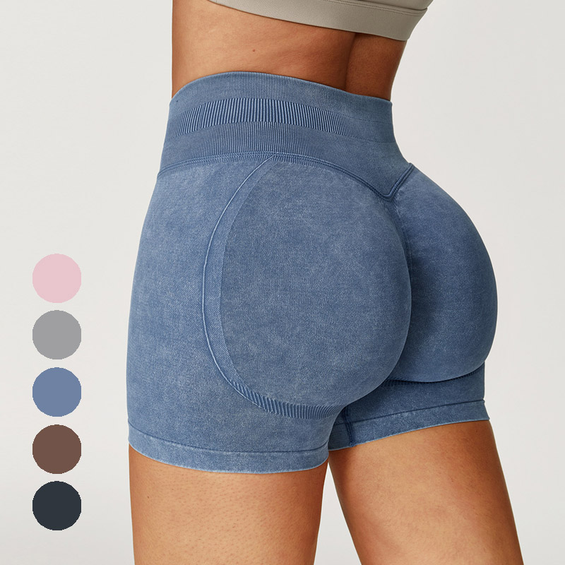 超显臀 仿牛仔无缝砂洗瑜伽短裤女高腰蜜桃臀跑步运动健身三分裤