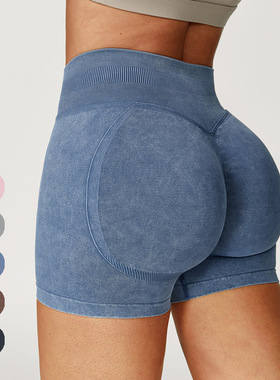 超显臀 仿牛仔无缝砂洗瑜伽短裤女高腰蜜桃臀跑步运动健身三分裤