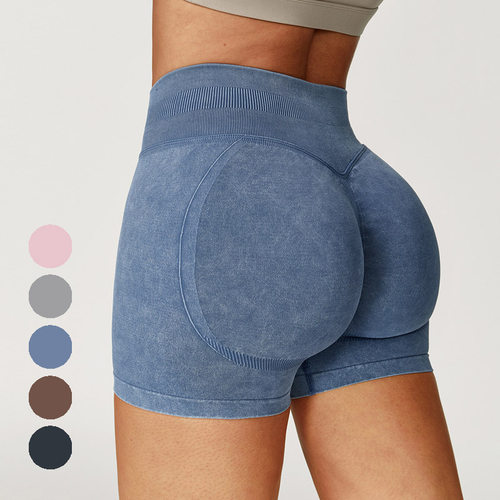 超显臀 仿牛仔无缝砂洗瑜伽短裤女高腰蜜桃臀跑步运动健身三分裤