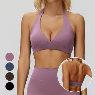 欧美磨毛挂脖瑜伽文胸女美背深V性感运动内衣健身舞蹈普拉提文胸