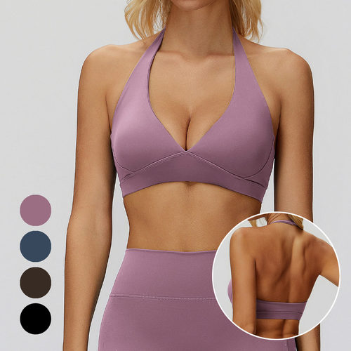 欧美磨毛挂脖瑜伽文胸女美背深V性感运动内衣健身舞蹈普拉提文胸