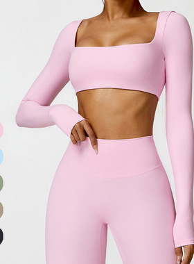 欧美磨毛速干瑜伽服女跑步健身服短款露脐裸感长袖T恤运动上衣