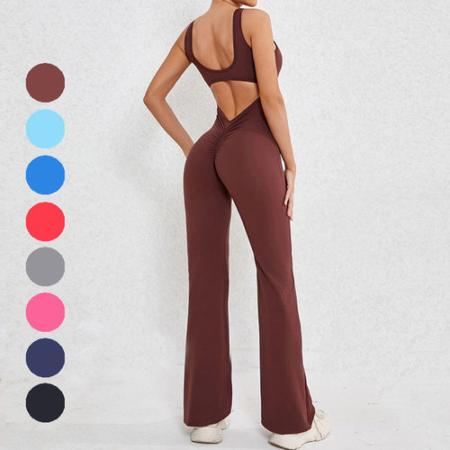 欧美一体式瑜伽服女镂空美背性感蜜桃臀连体运动健身服微喇连身衣