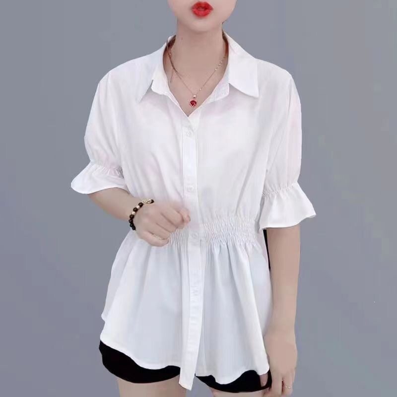 收腰衬衫短袖新款显瘦女