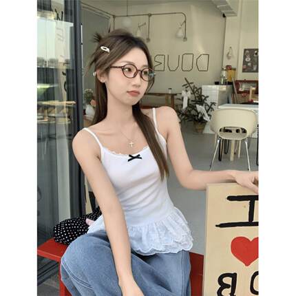 甜美蝴蝶结白色吊带背心女春季内搭修身显瘦蕾丝花边下摆美背上衣