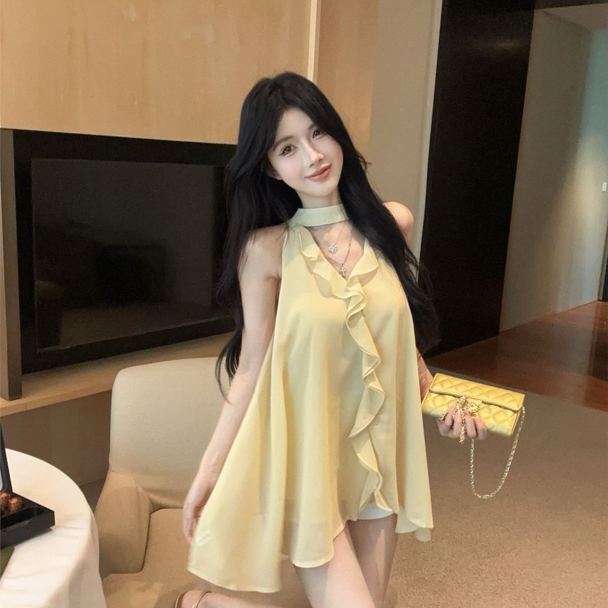 盐系穿搭黄色上衣女法式