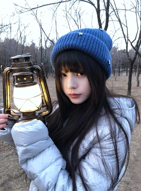 韩系蓝色金属星星针织帽子女2025年冬季显脸小百搭保暖防寒毛线帽