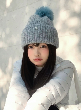 含羊毛复古灰色毛球针织帽女冬季加厚保暖大头围毛线帽防寒护耳帽
