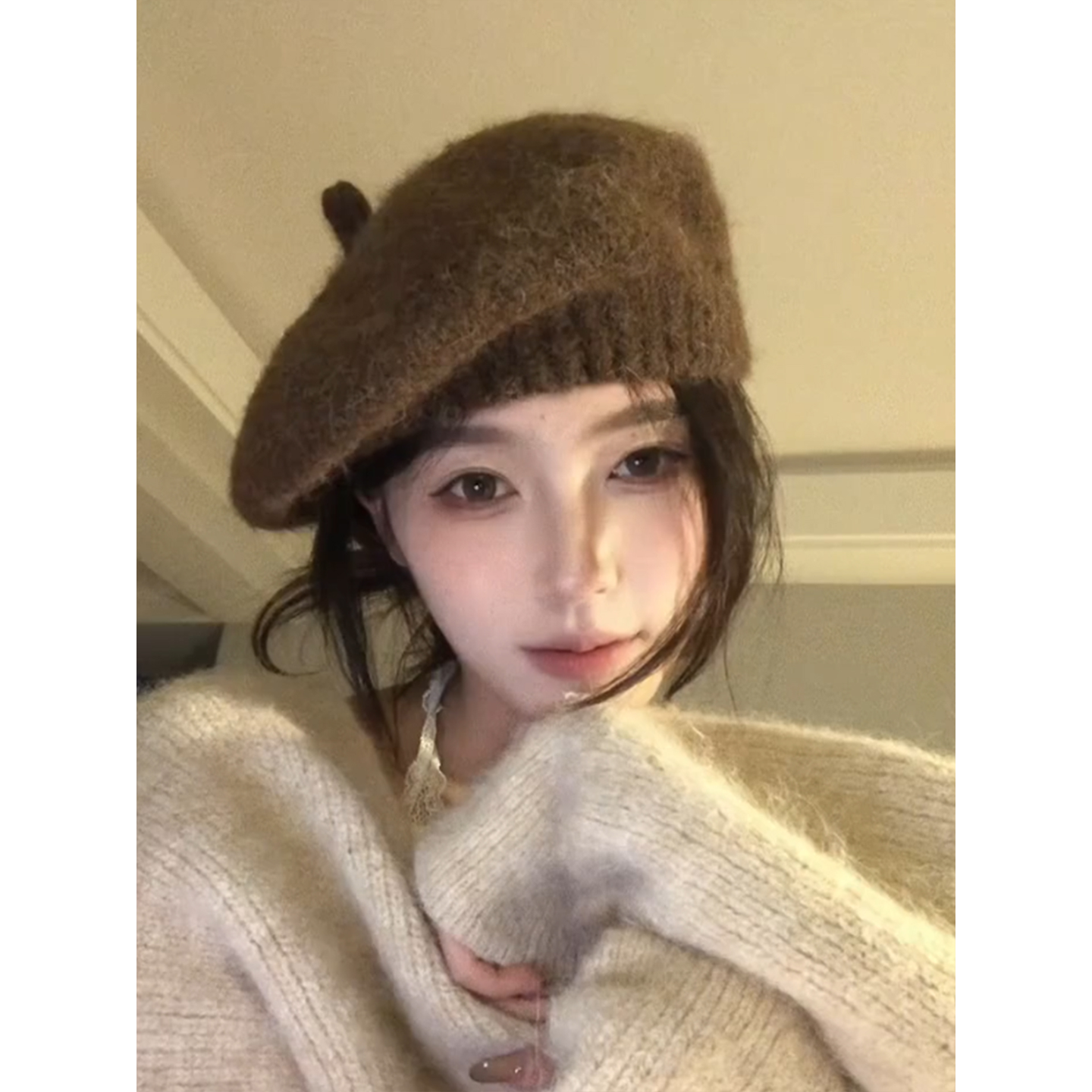 棕色高级感针织毛线画家帽