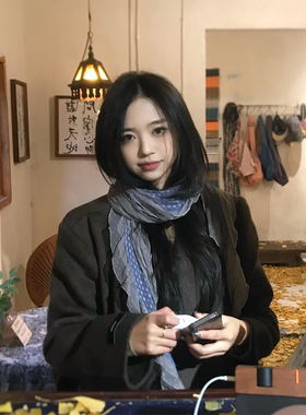 甜酷风灰蓝色褶皱花边波点丝巾