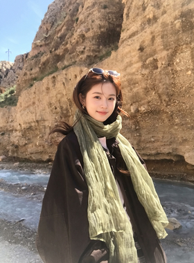 森系橄榄绿薄款透气丝巾