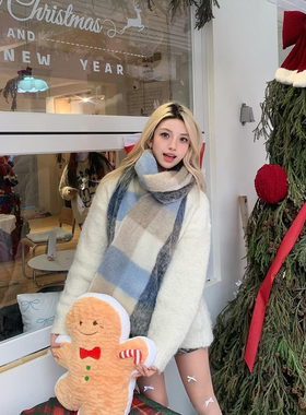 蓝色格子流苏围巾秋冬新款加厚时尚保暖防寒围脖情侣雪地百搭披肩