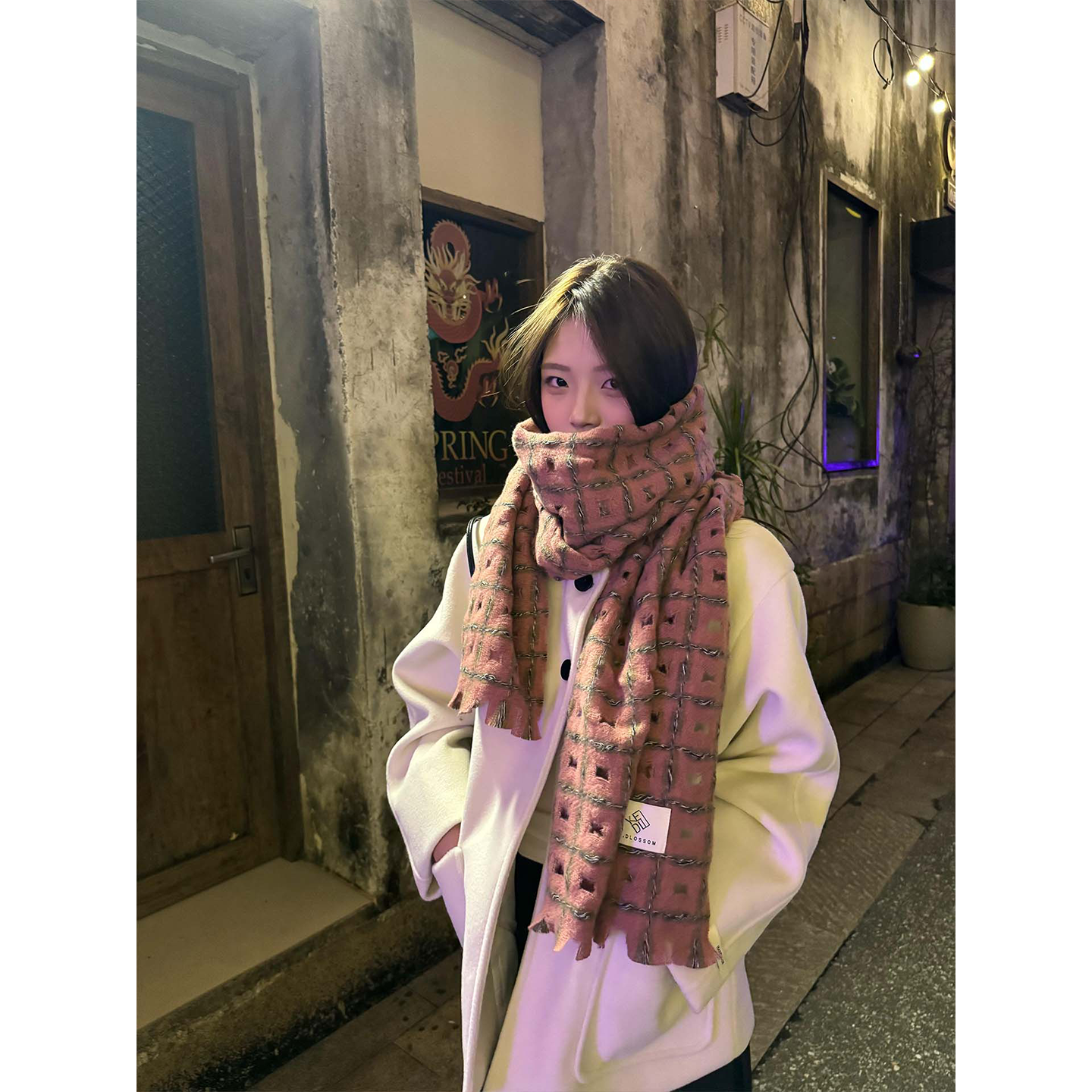 秋冬新款格子红色保暖围巾