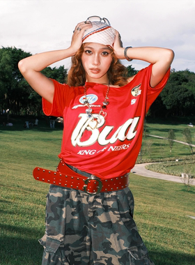 红色千禧风铆钉宽版腰带女美式小众高级感配牛仔短裤时尚百搭腰封