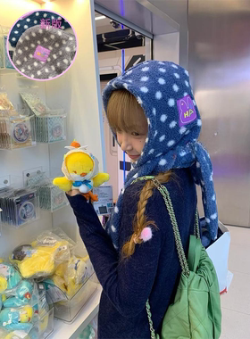 蓝色复古大头围波点毛绒帽女冬季韩版羊羔毛时尚套头帽百搭显脸小