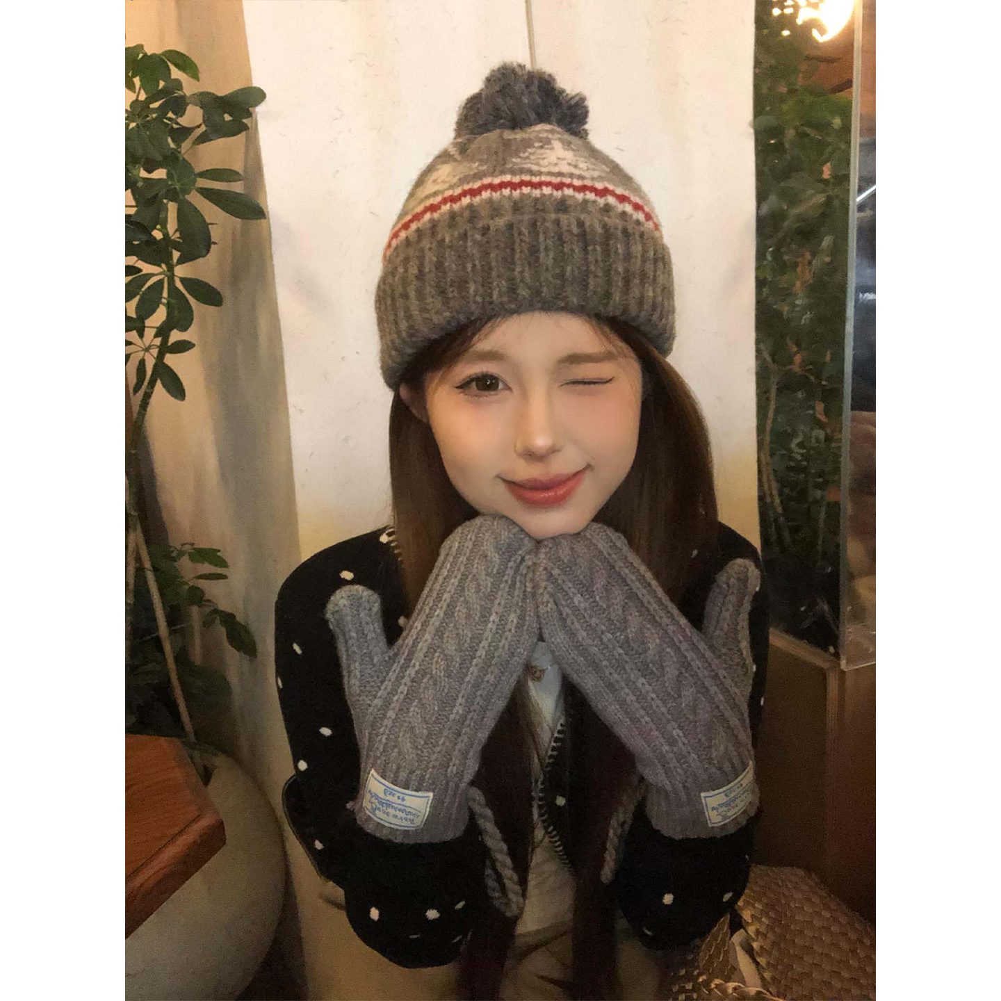 韩版ins风针织毛线手套女冬季新款全包连指保暖情侣联接学生手套