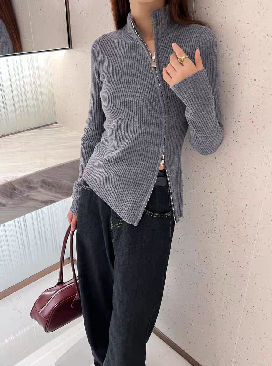 YS全羊毛复古安哥拉红双拉链斜门襟针织开衫女毛衣外套打底上衣厚