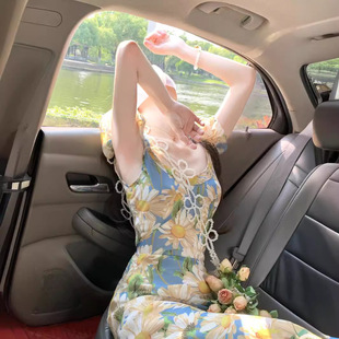 复古茶歇海边度假气质长裙 法式 浪漫小飞袖 一字肩连衣裙女夏季 新款