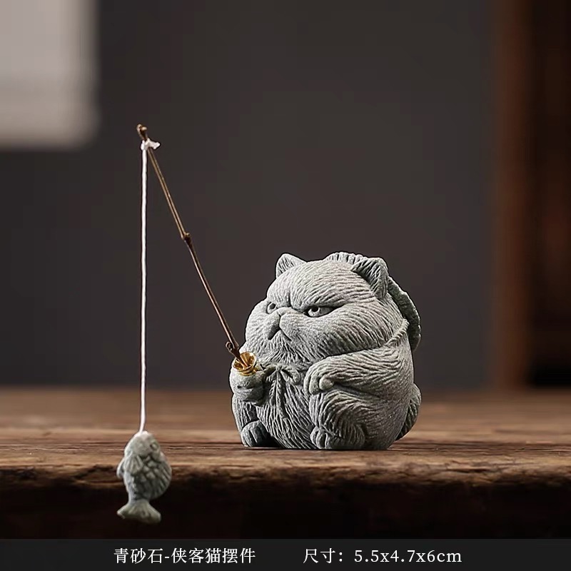 国潮青砂石小猫钓鱼猫咪摆件