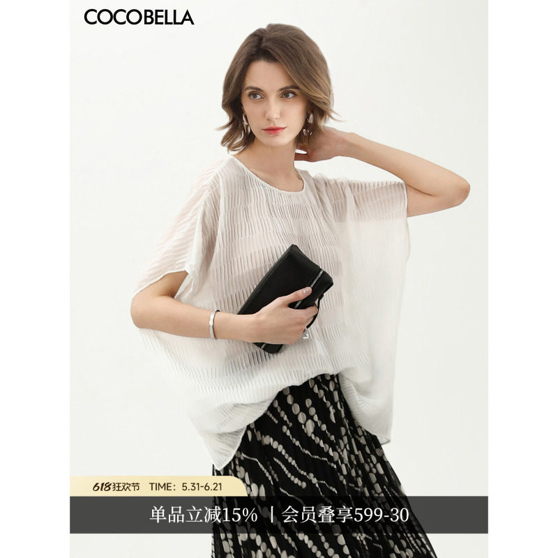COCOBELLA重工压褶蝙蝠袖雪纺衫女夏宽松微透视罩衫T恤TS7012