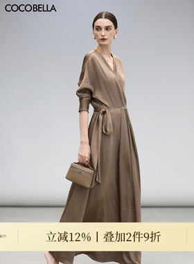 COCOBELLA围裹式丝光缎面长袖连衣裙女春轻奢风法式茶歇裙FR3010