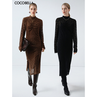 COCOBELLA优雅女人味植绒蕾丝抽褶连衣裙侧开叉裙摆两件套FR7082