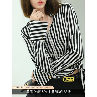 COCOBELLA奥莱静奢风黑白竖条纹飘带衬衫女高级感显瘦通勤衬衣