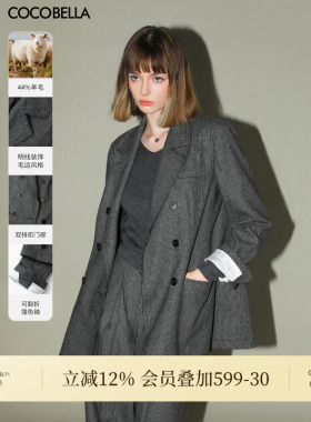COCOBELLA格雷系穿搭明线千鸟格羊毛西装外套女通勤西服SI3018