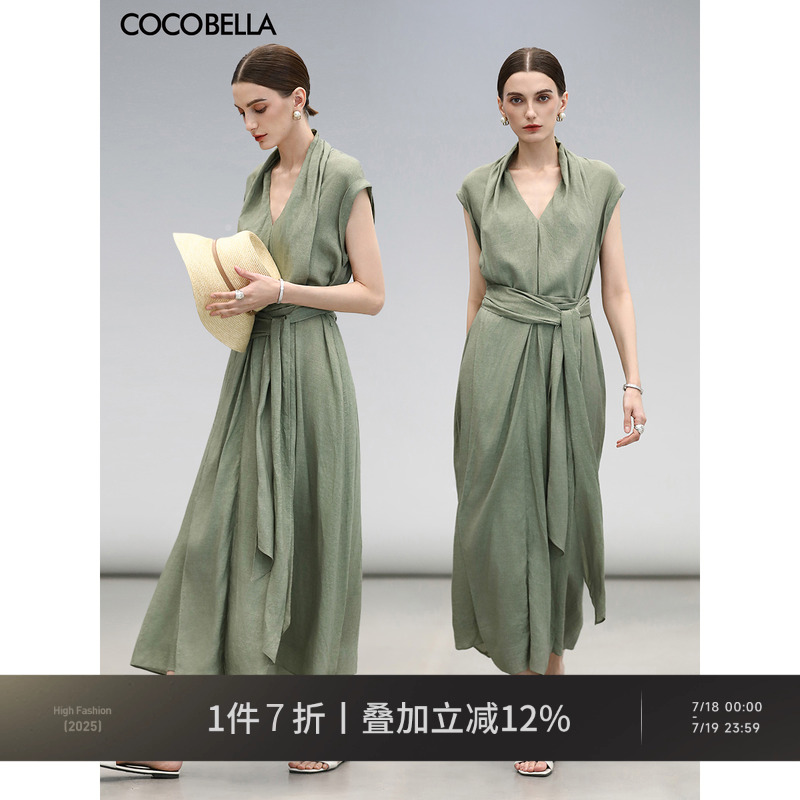COCOBELLA度假风亚麻连衣裙气质通勤飘带领系带衬衫裙FR3051