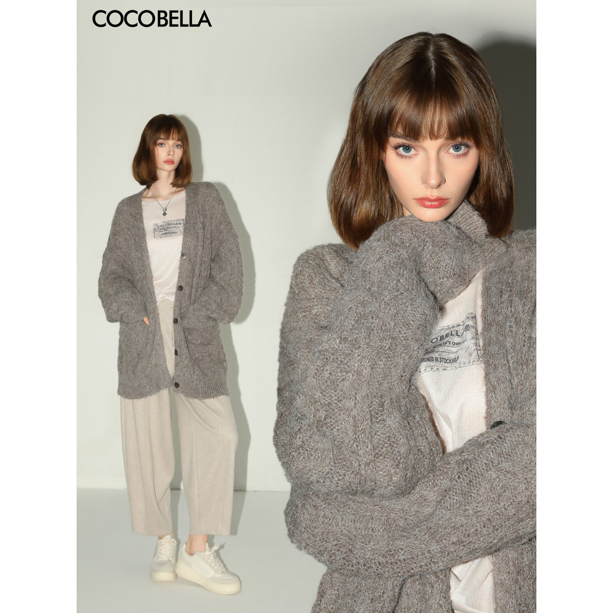 COCOBELLA绞花纹粗针花纱长款针织开衫女加厚保暖毛衣外套MZ0065