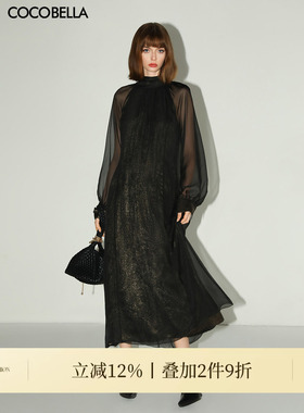 COCOBELLA赫本风优雅气质小黑裙女半高领假两件长袖连衣裙FR0053
