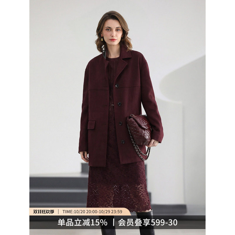 COCOBELLA奥莱安可拉红仿麂皮绒西装外套女PU领通勤轻奢休闲西服