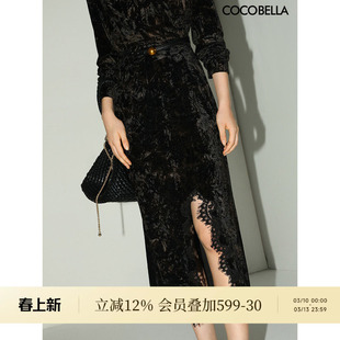 COCOBELLA新中式扎染丝绒半身裙女国风蕾丝拼接开叉半裙HS3073