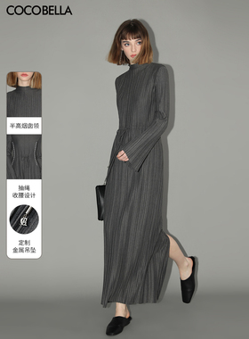 COCOBELLA赫本风压褶连衣裙女半高领抽绳长袖优雅显瘦长裙FR3015