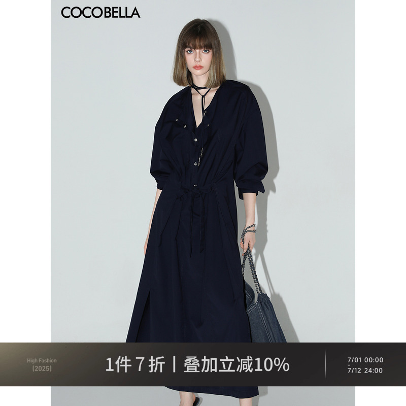 COCOBELLA重工绗线金属扣开叉连衣裙春夏通勤飘带衬衫裙FR3039