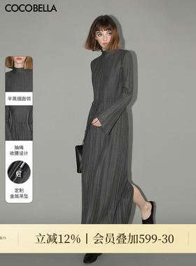 COCOBELLA赫本风压褶连衣裙女半高领抽绳长袖优雅显瘦长裙FR3015