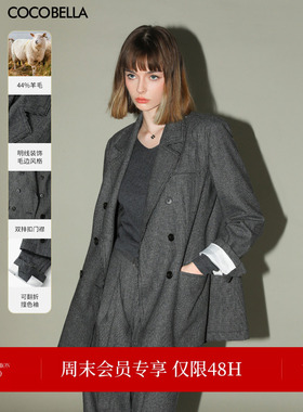 COCOBELLA格雷系穿搭明线千鸟格羊毛西装外套女通勤西服SI3018