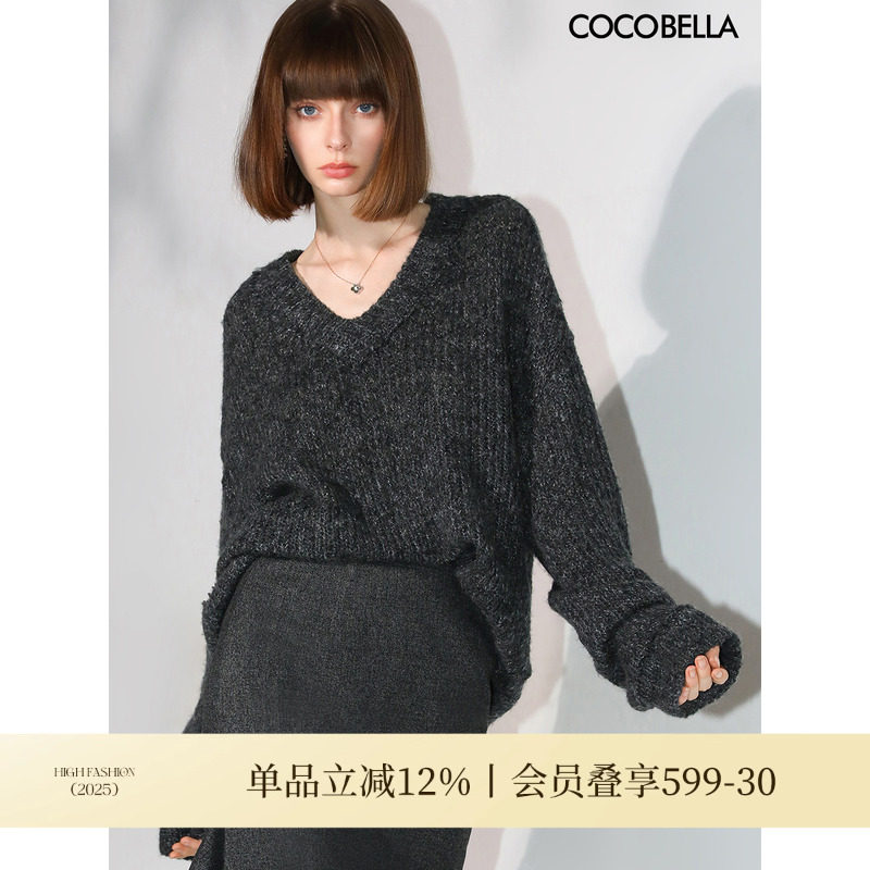 COCOBELLA[MIU系穿搭]粗针花纱毛边V领毛衣秋冬针织衫MZ7037-2