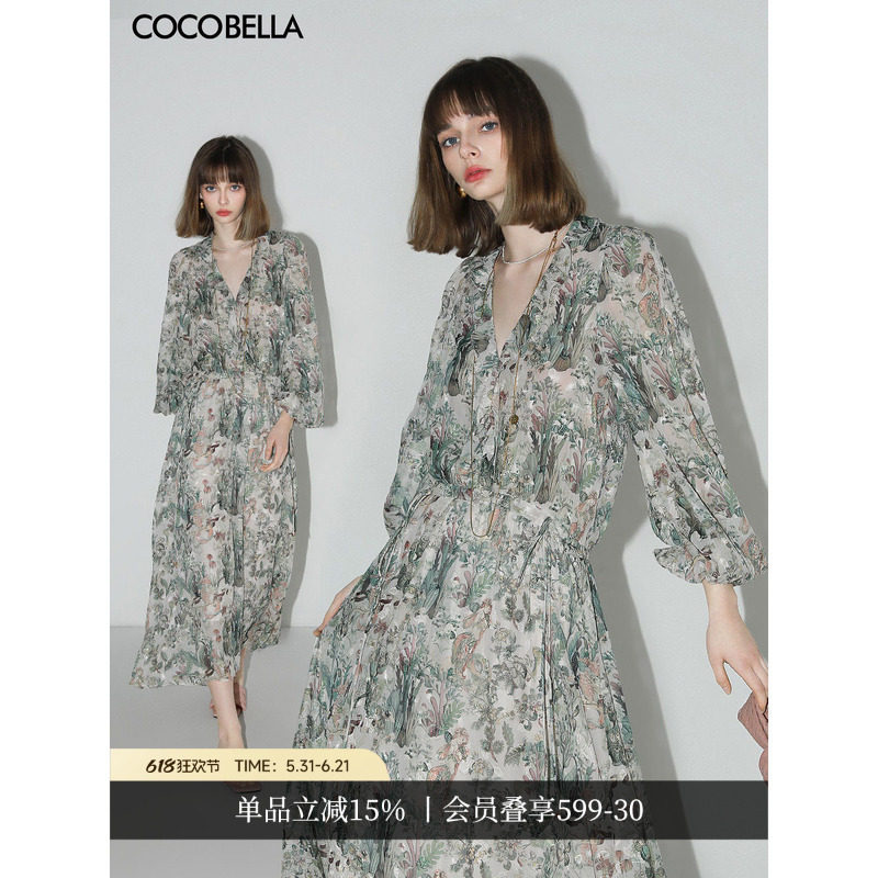 COCOBELLA重工对丝提花长袖雪纺连衣裙女度假风束腰茶歇裙FR157